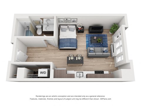 Floor plan for studio, 1 bath, 496 sqft